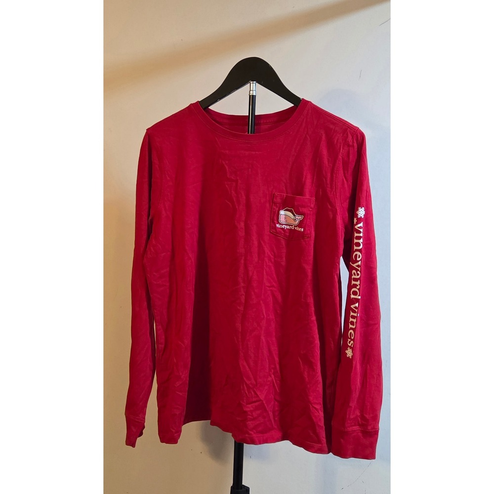 Vineyard Vines Santa Whale Long-Sleeve Pocket T-Shirt Womens Size Medium Red